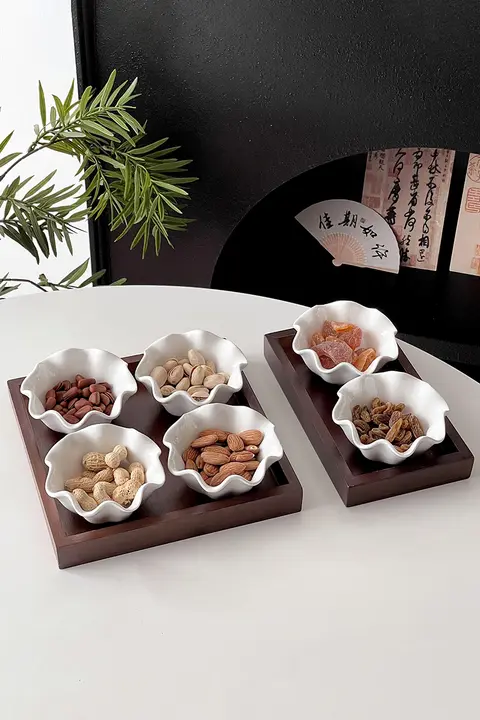 中華風レトロ家庭用干し果物トレーセット【菓子・スナック・分割デザイン・セラミックボウル付き】
