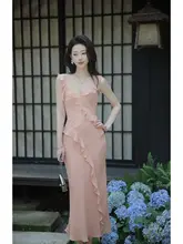 優雅なフリル付きシフォンレースキャミソールドレス【夏用・ミディ丈・透け感あり】
