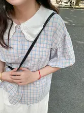 レース付き ドールカラー チェック柄 半袖ブラウス【女性用・パフスリーブ・夏向け】