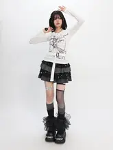 Y2K風プリント薄手長袖カーディガン【ホワイト・リボン付き・レディース用】