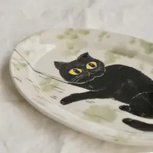 手描き猫デザインのオーバル陶器プレート【家庭用・朝食用・可愛いペットデザイン】