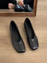 牛革製 スクエアトゥ太ヒールの浅口パンプス【疲れにくい・ブラック・スリップオン】