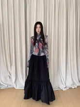 デザイン性のあるプリント切り替えの疑似2点セットワンピース【春用・スリムフィット・Aライン】