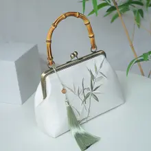 青竹子葉の両面刺繍が施されたエレガントな新中式ハンドバッグ【手提げ・国風・女性用・旗袍や漢服に合わせて】
