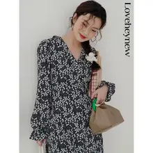 花柄Vネックワンピース【女性用・上品でスリム・ミディ丈・ドレス】