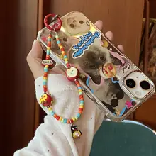 手描きリンゴデザインのビーズ携帯電話ストラップ【可愛いペンギンぬいぐるみ・赤色・防紛失用】