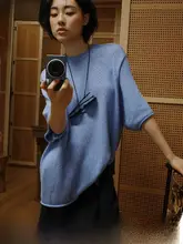 感のあるブルーのラウンドネック短袖ニットトップス【夏用・ゆったり・女性用】