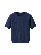 春季用 シンプルなツイスト編み ラウンドネックニットTシャツ【短袖・レディース】