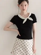 黒のドット柄バタフライリボン付きパフスリーブTシャツ【デザイン性・フィット感】