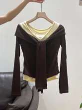 レトロ風 ヴィー型ネック長袖Tシャツ【コントラストデザイン・リボン付き・スリムフィット】（セットアップ対応）