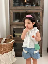 夏用 女の子デニムノースリーブトップスとショートパンツ【薄手・フリル付き・カジュアルデザイン】（セットアップ対応）