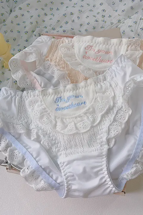 可愛らしい刺繍のフリル付きメイドエプロンと三角パンツ【日系・ロリータスタイル・甘美なデザイン】（セットアップ対応）