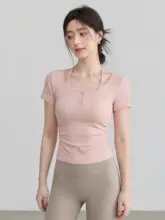 女性用 ヨガウェア風デザインのTシャツ【ブラ付き・大きめネック・フィットネス用】（セットアップ対応）