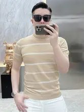 ストライプデザインのアイスシルク短袖Tシャツ【ファッション・アクティブフィット・通気性】