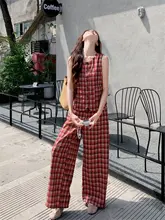 レトロな赤チェックのノースリーブベストとワイドパンツ【夏用・文芸風・スタイリッシュ】（セットアップ対応）