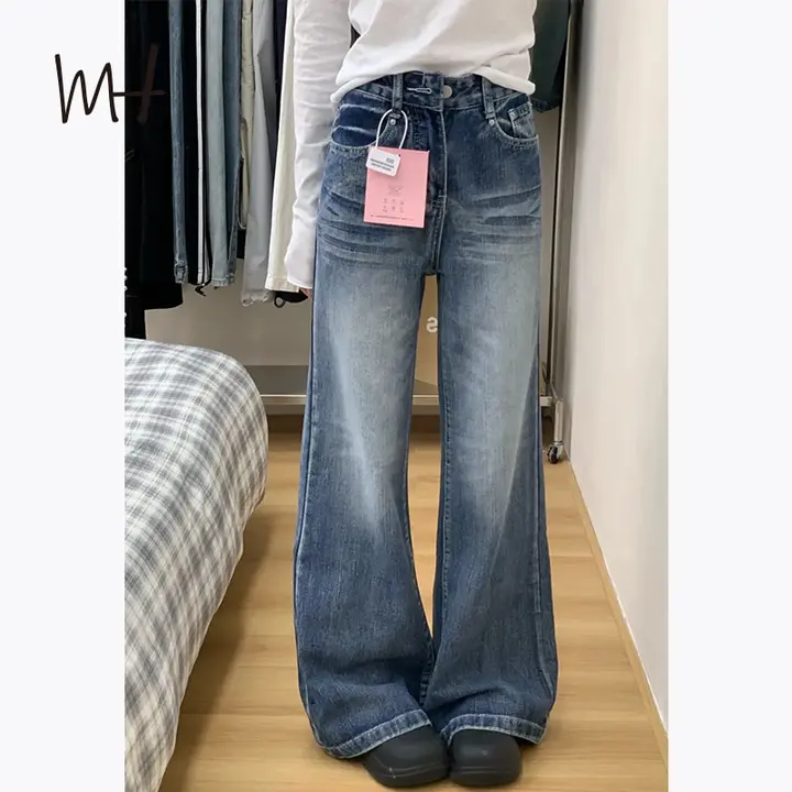 アメリカンレトロスタイル 水洗いデニムパンツ【猫のひげ加工・ワイドストレート・微フレア】