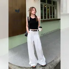 高腰ホワイトワイドレッグパンツ【夏季用・フィット・ロング丈】