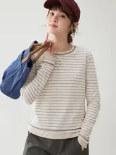 ドット柄切替えラウンドネックストライプTシャツ【レディース・春用・ショート丈・長袖】