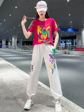 夏用コットン製ダンスウェア【プリントTシャツ・フィットネス用・束脚パンツ・運動カジュアル】（セットアップ対応）