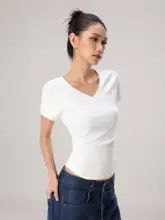 半袖Tシャツ レディース Vネック 無地 プリーツ フィット 着痩せ インナー 夏 「SHIYIYUE」