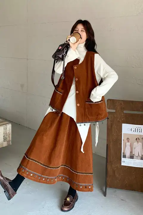 3点セット レディース コーデュロイ ベスト Tシャツ スカート ボヘミアン ヴィンテージ 秋