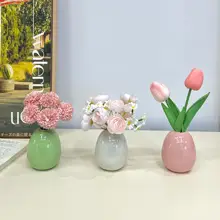 可愛い陶器製デスクトップ花瓶【クリーム風・フェイクフラワー飾り・オフィス装飾用】