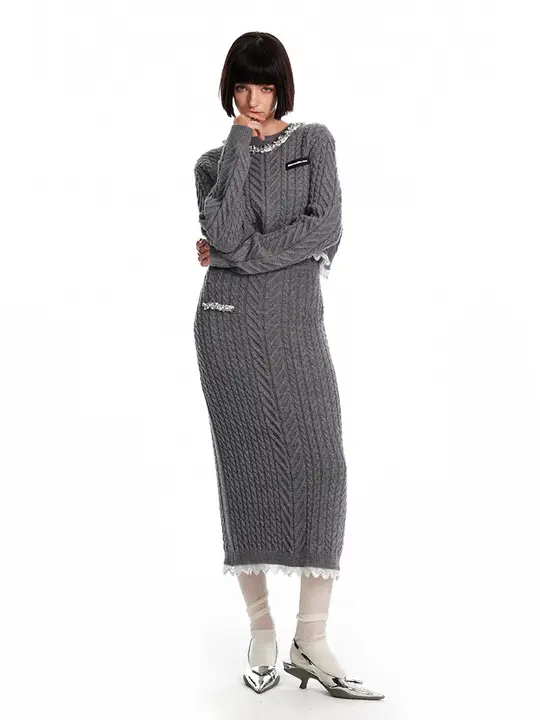 ラメニットセーターとレースのコンビネーションファッション【混合ウール・デザイン仕立て】（セットアップ対応）