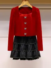 赤いセットアップ【方形ネック・ベルベット短丈ジャケット・レースフレアスカート・2点セット】