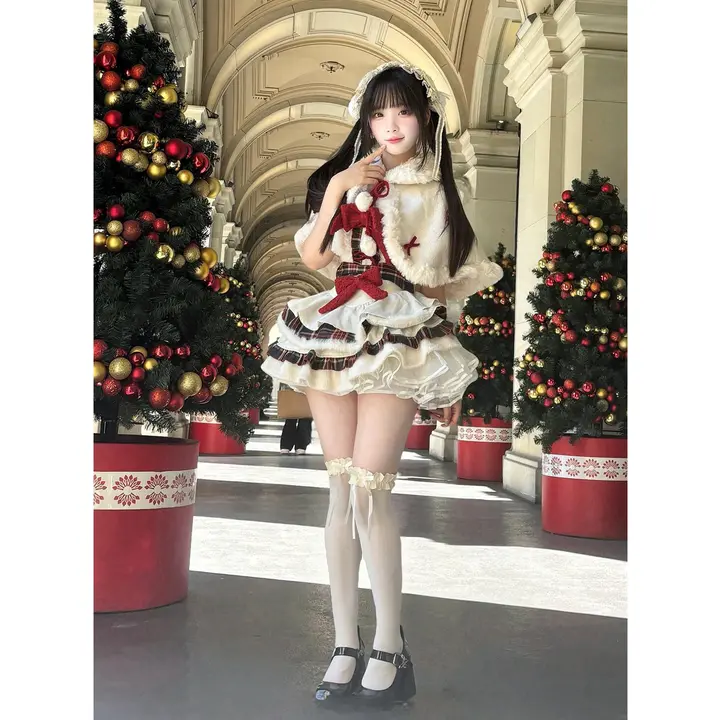 甘く可愛い！フリル付き二色パターンキャミソールチュニックワンピースケープコート【ロリータデザイン・三点コーデに最適】（セットアップ対応）