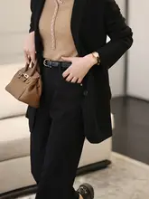 高腰ストレートデニムパンツ【ブラック・ルーズフィット・春秋用・ロールアップ】