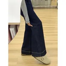 高身長向けロングデニムブルーゆったりワイドパンツ【裏地起毛・ハイウエスト・シルエット美人】