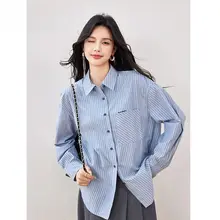 韩都衣舍 ブルーストライプ長袖シャツ【春秋用・ルーズフィット・フレンチスタイル】