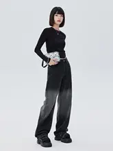 ヴィンテージ風ウォッシュ加工のハイウエストワイドパンツ【コットン製・ブラック＆グレー・秋用】（セットアップ対応）