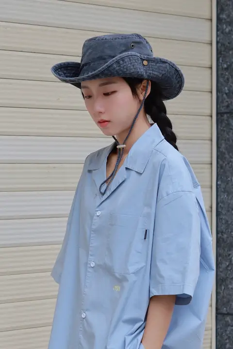 ユニセックス 夏用 日除け帽子【レトロ風 ブラック・フィッシャーハット・抽紐付き】
