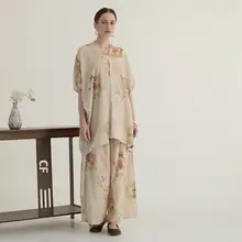 中華風のシンプルでクールなワイドレッグパンツ【アートなレトロデザイン・ゆったりしたシルエット・大きいサイズ・セットアップ対応】