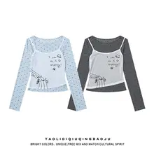 Y2K風ドット柄長袖Tシャツ【微透け・フィット感・ショート丈】（セットアップ対応）