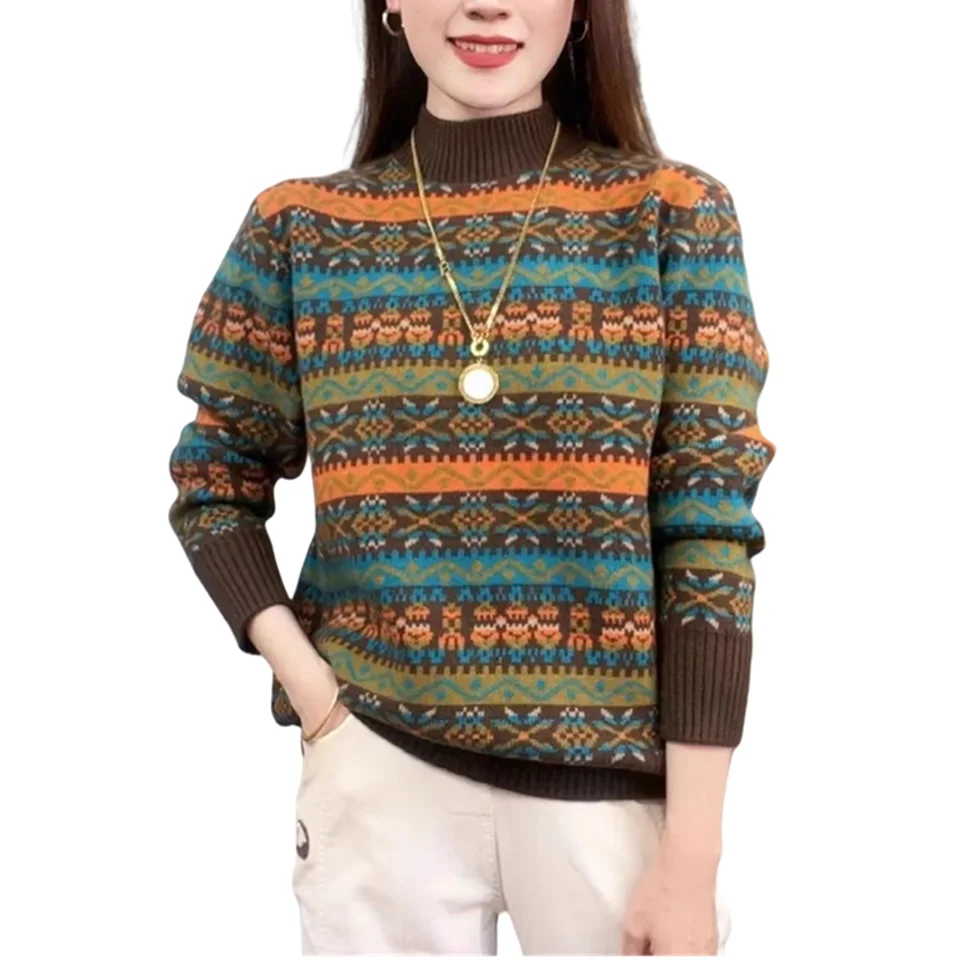 ピンクとブルーの配色が美しいタートルネックセーター【極上の柔らかさ・ウール100%・フィット】