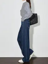 高腰ワイドデニムパンツ【スリム効果・ストレート・深い青色・カジュアル】（セットアップ対応）