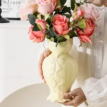 フレンチリボンデザインの陶器花瓶【シンプル・レトロ・インテリア装飾用】