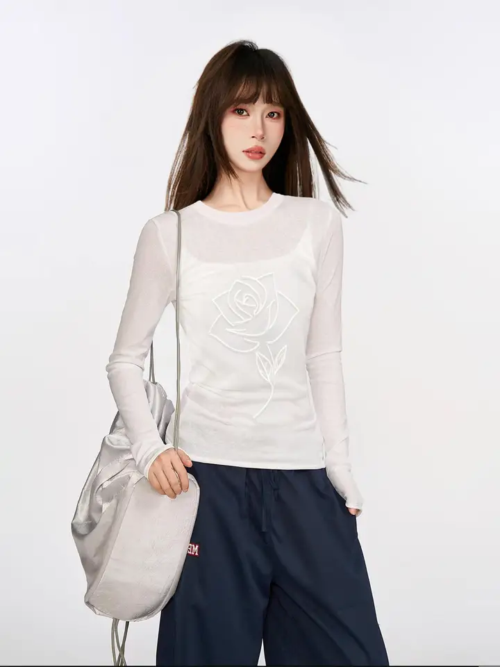 白色薄手フラワープリント長袖Tシャツ【UVカット・スリムフィット・透け感あり】