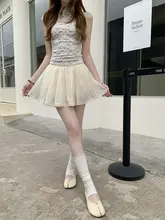 バレエ風 アプリコット色 レースフリンジ付き シフォンスカート【ハイウエスト・プリーツデザイン・夏用】