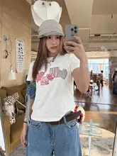 アメリカンスタイルの竹節模様プリント半袖Tシャツ【レディース・クルーネック・夏用・通気性】
