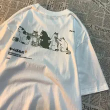 アメリカンレトロデザインのキャットプリント半袖Tシャツ【ユニセックス・ゆったりフィット】