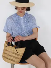 夏用コットン製青いストライプの半袖シャツ【フィット・カジュアル用】