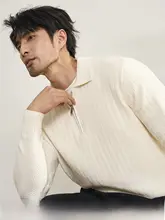 ZINGCHEN メンズポロシャツ【洗濯機可・山羊の毛使用・ジグザグ柄・長袖・ファスナー付き】