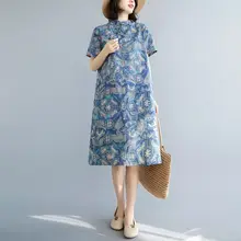 夏用型 中長丈コットンリネンチャイナドレス【改良盤扣・短袖】