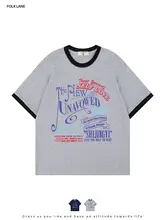 アメリカンヴィンテージ風カラーコンビネーションプリント半袖Tシャツ【ユニセックス・コットン製・学院風】（セットアップ対応）