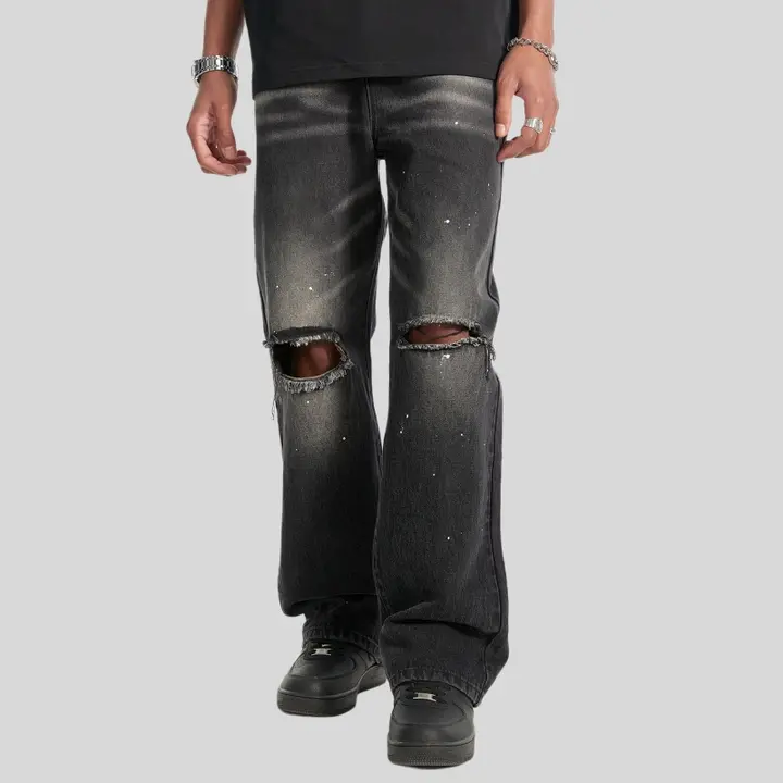 水洗い加工のペイントデニムパンツ【ストリートスタイル・カジュアル・ヒップホップ】