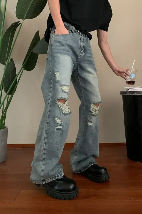 ストリートスタイルのダメージデニムパンツ【ワイドレッグ・レトロデザイン・メンズ】