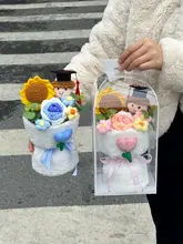 かわいい編み物のひまわりとバラの花束【卒業祝い・贈り物に最適】